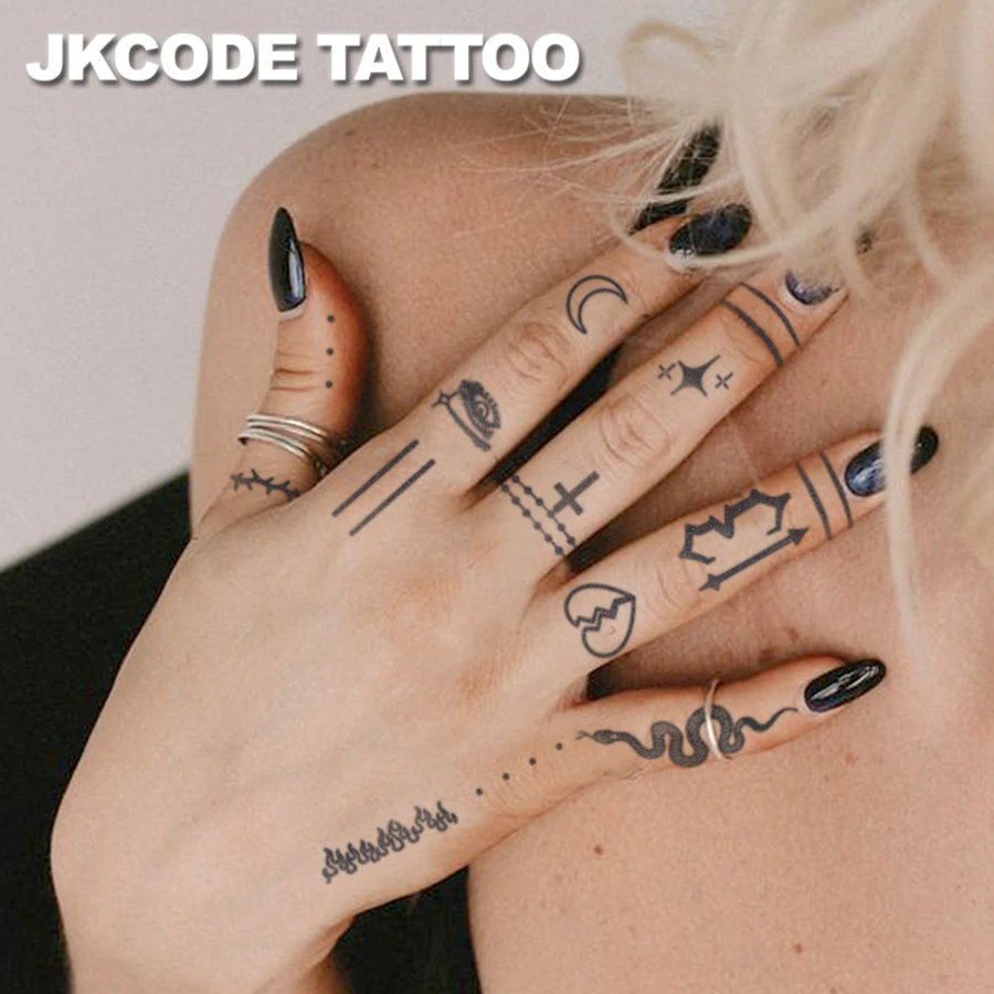 Minimal Tattoo Herbal Mix Temporary Tattoo Stickers Dark Gothic Style Lines Snake Eyes Star Sun 12 Patterns Cute Tattoos Fashion Accessories for Girls Women's Finger Hand Neck Tattoos Long-Lasting Waterproof for 15 Days