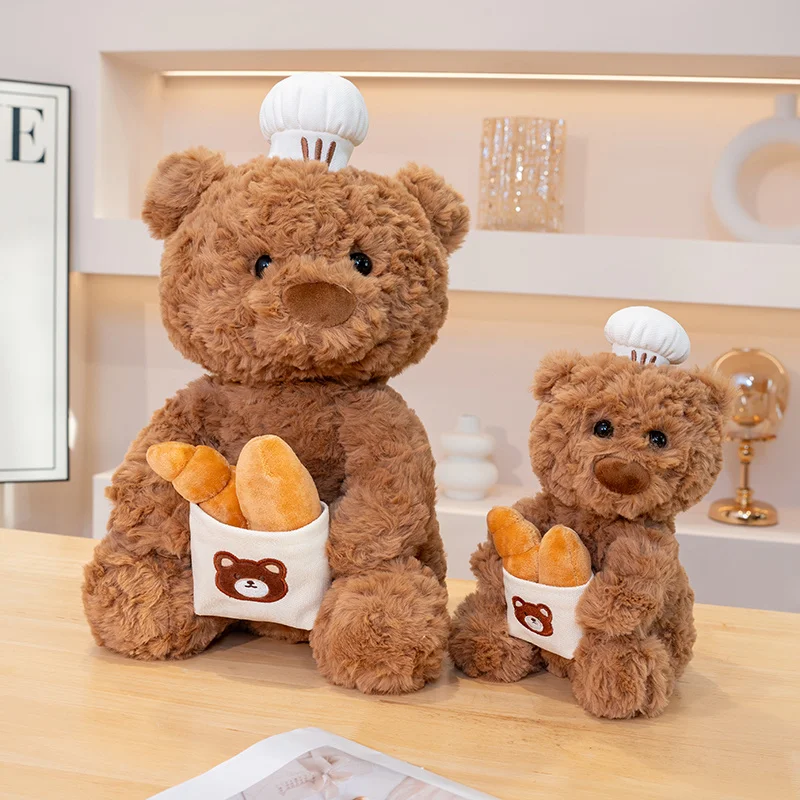 Cute Chef Bear Plush Toy Wearing A Chef's Hat Holding Bread Soft Curly Stuffed Animal Bear Doll Kids Toy Birthday Xmas Gift