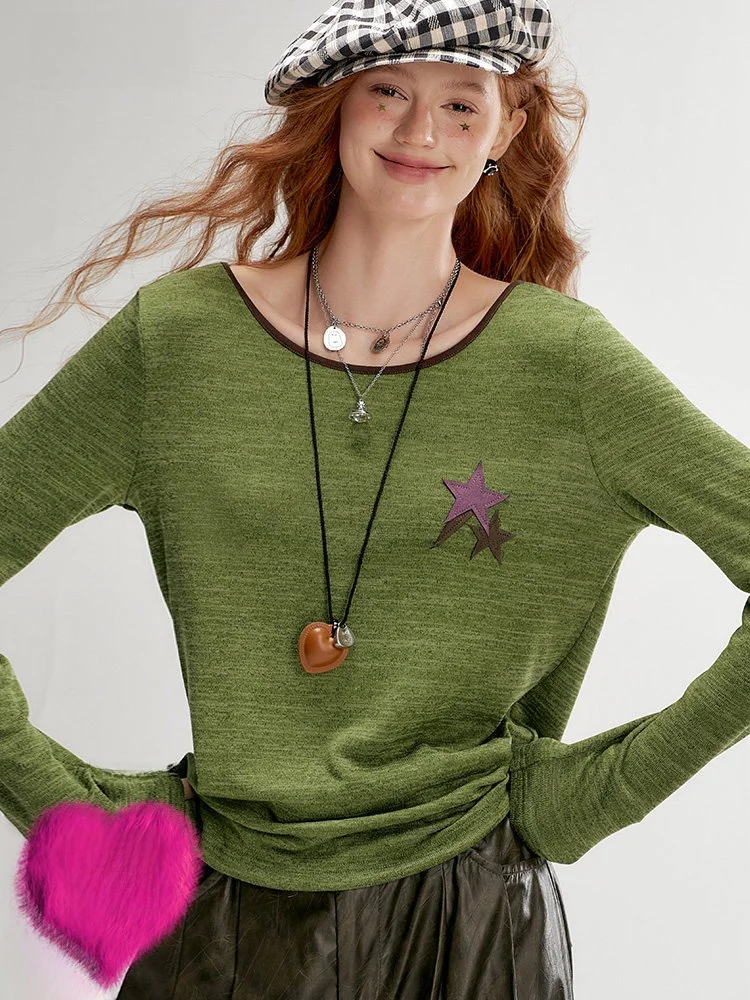 

Retro Star Loose Long Sve T-irt Women's Autumn Lazy American Sle Inner Wear Top Elf Sa Fairy's ket Love Letter