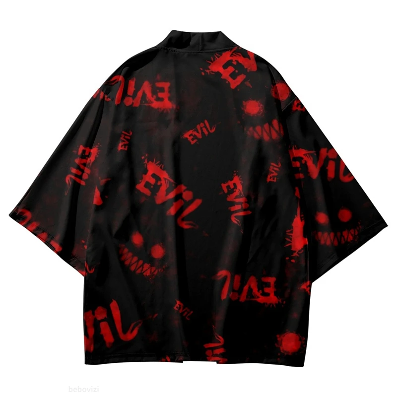Fashion Evil Print Japanese Cosplay Kimono Cardigan Men Shirts Yukata Haori Women Traditional Beach Tops Asian Clothing
