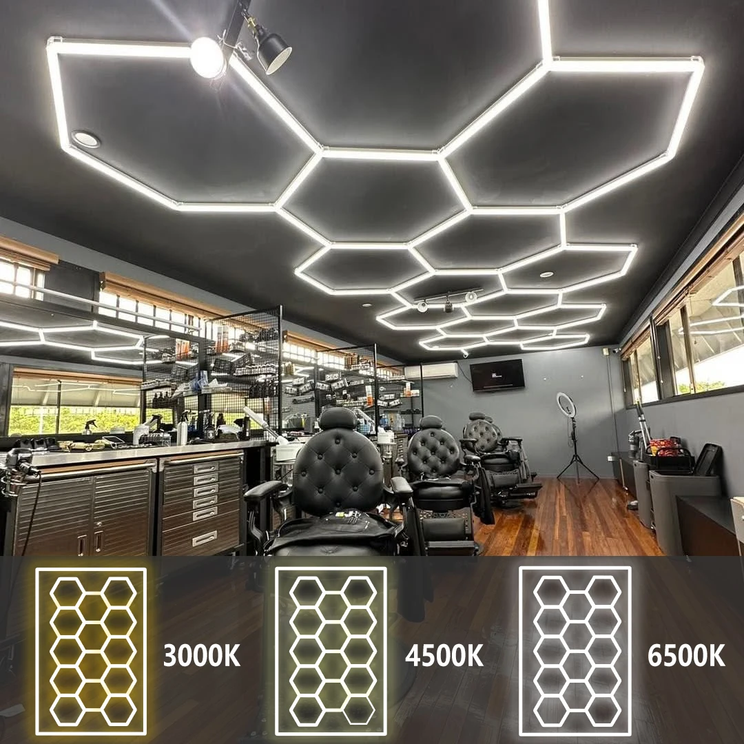 3000K 4500K 6500K Dimmable Hexagon LED Natural Lighting for Garage Lights Home Ceiling Large Honeycomb Lamp 4S Car Barber Gym