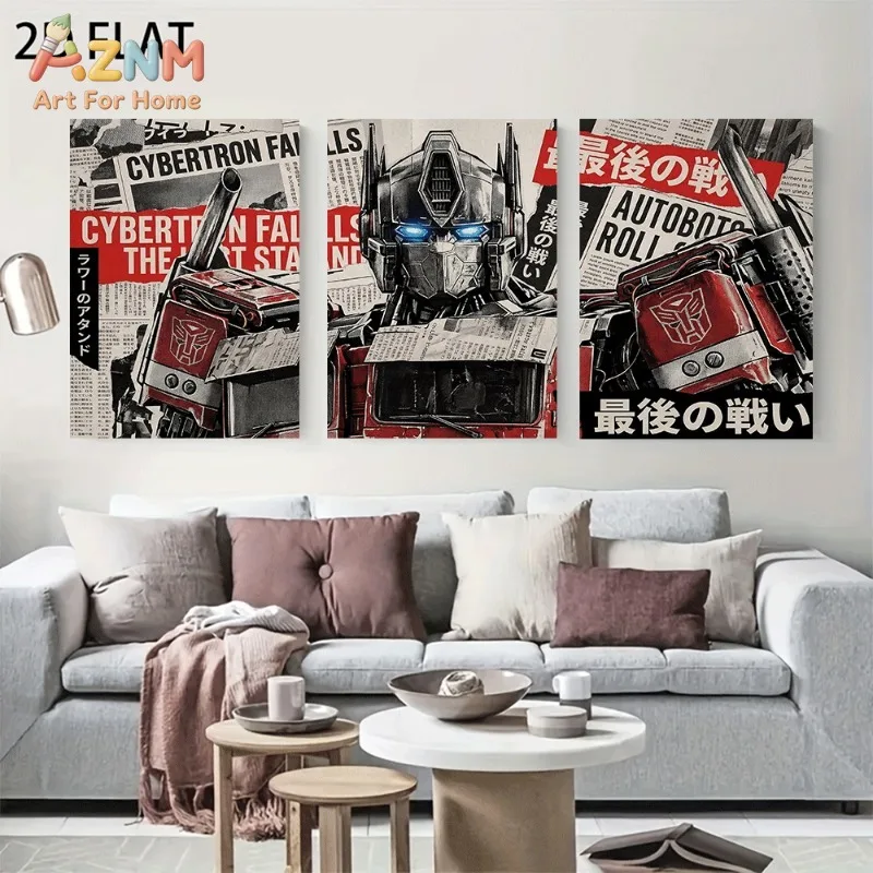 Optimus Prime Autobots Newspaper Collage Japanese Text Background Transformers Canvas Wall Art No Frame Movie Print Poster for