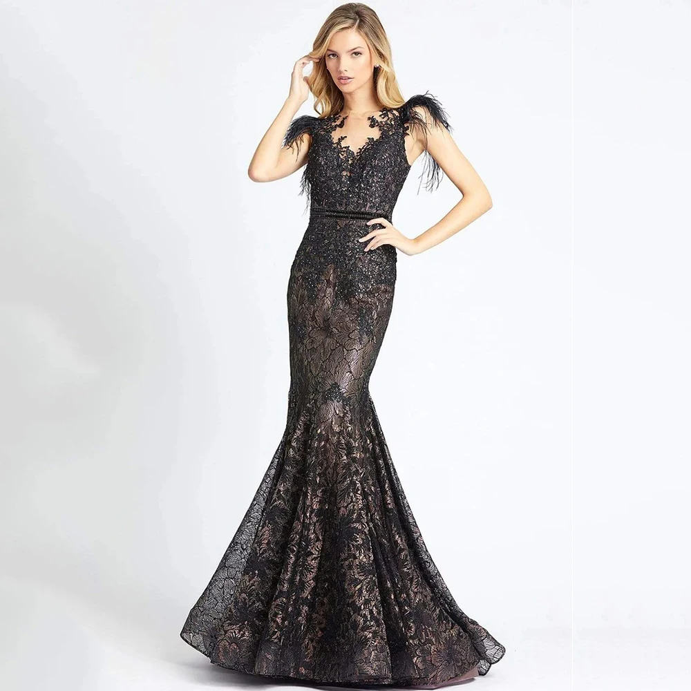 

Customized Exquisite Retro Lace Sash Feather Beading Pleat Trumpet O-Neck Long Dresses Bespoke Occasion Dresses Sizes Available