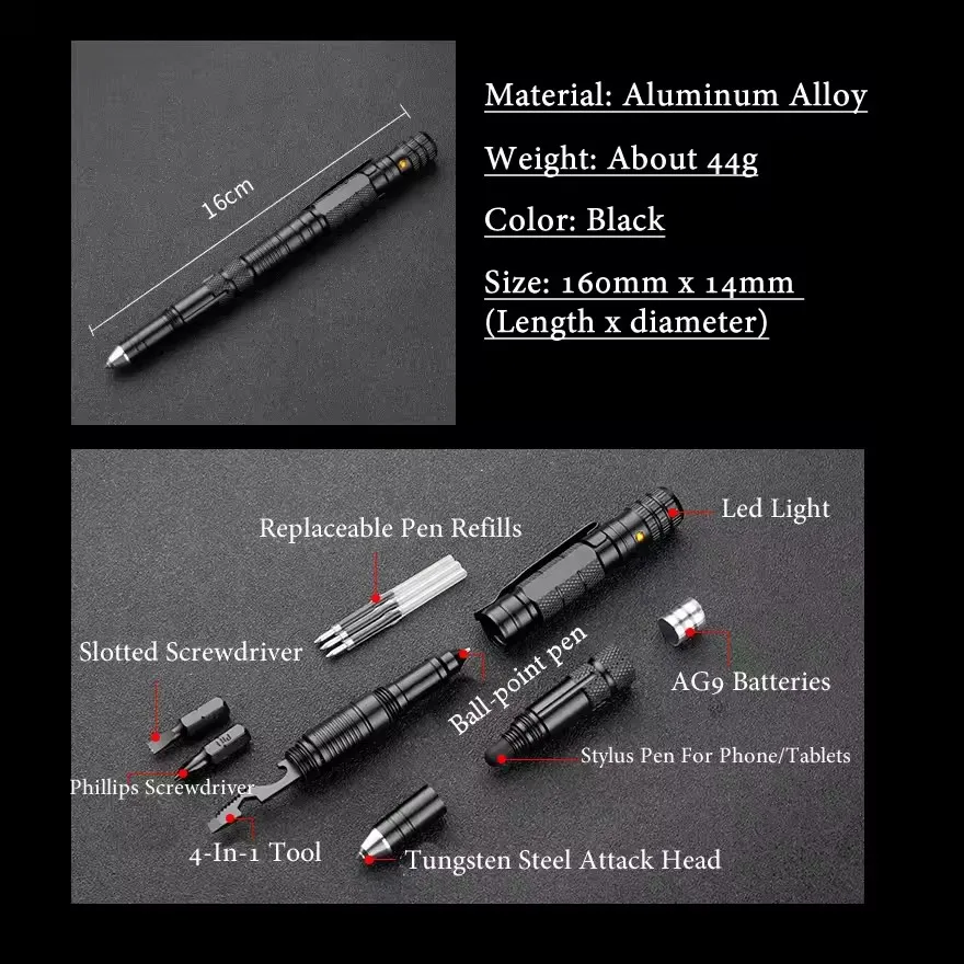 

10-In-1 Portable Self Defense Tactical Pen Emergency Flashlight Bottle Opener Window Breaker For Outdoor Survival EDC Tool Gifts