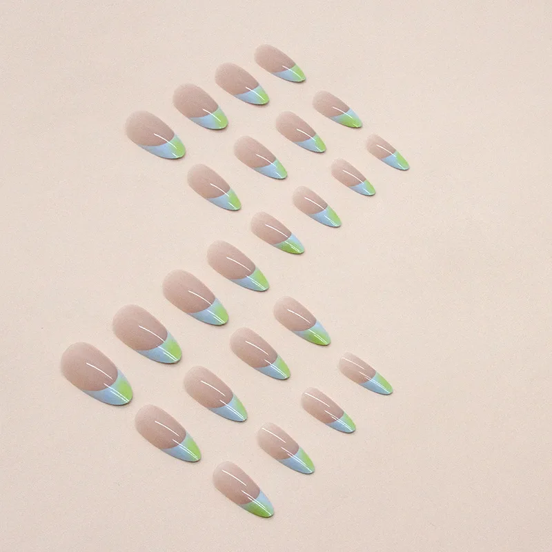 Sheer Nude Almond Press-On Nail Set, two-tone French tip with light blue base and lime green edge glossy reusable false nails for fresh spring minimalist manicure