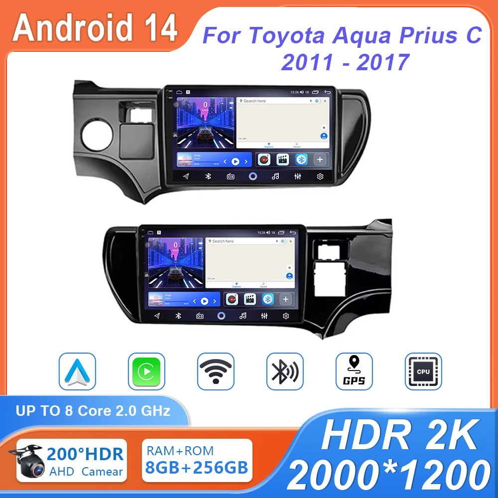 Car Radio Android 14 Auto Carplay For Toyota Aqua Prius C 2011 2012 2013 2014 - 2017 Stereo Multimedia Navigation GPS