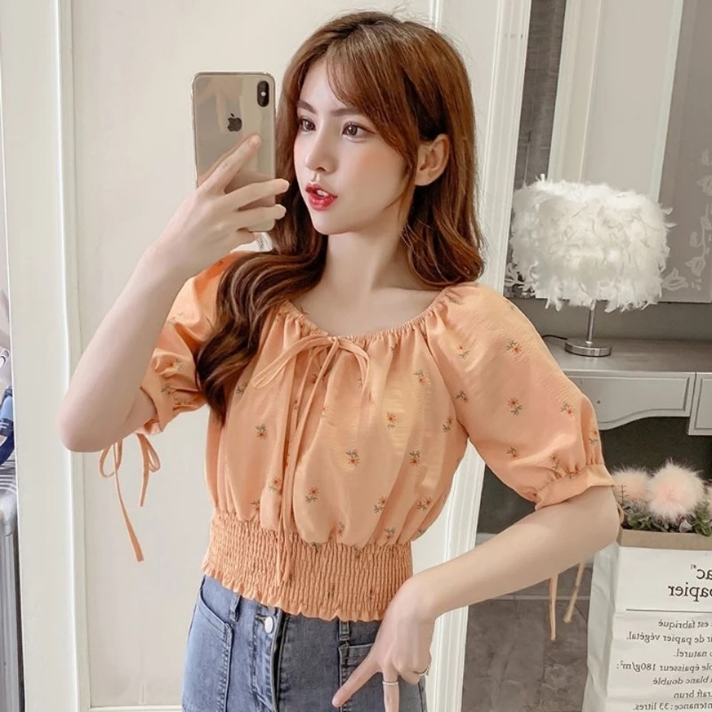 

Women's French Floral Blouse Waist Cinching Short Tie Front Top With Puff Sleeves Unique Design Summer Fashion