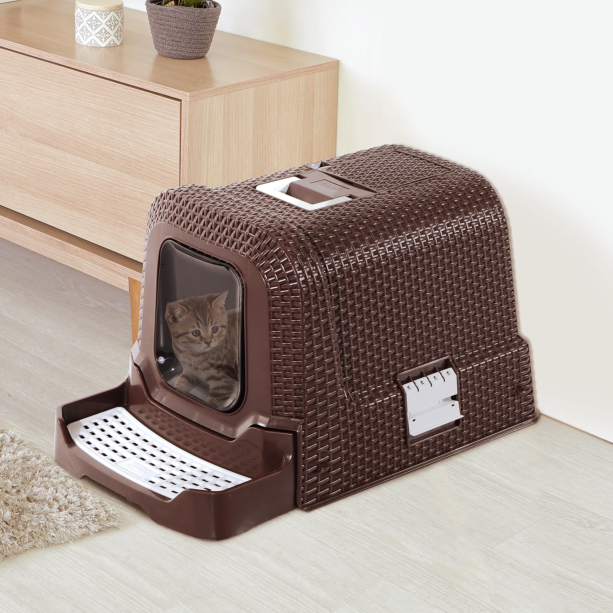 PawHut Arenero Gatos Portatil Cubierto 54x42x41cm Aseo Puerta Basculante Cafe NUEVO