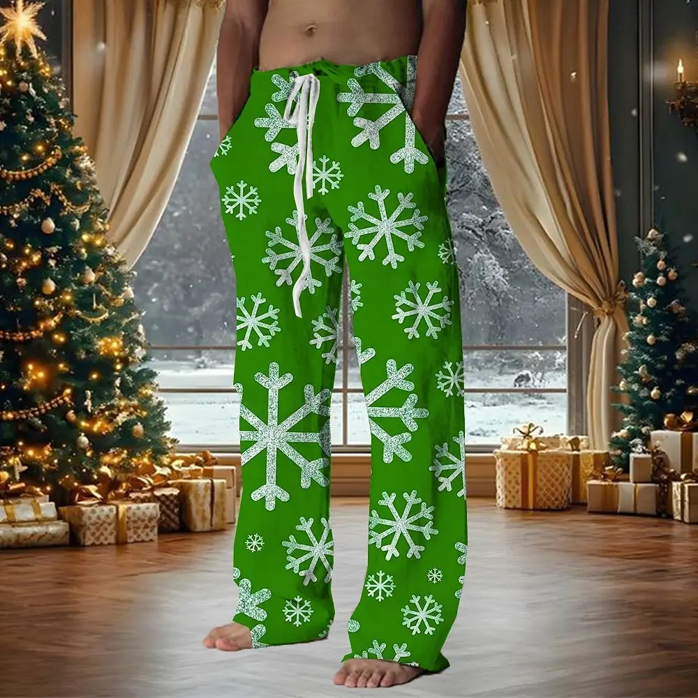 2025 Pantaloni da uomo con fiocco di neve di Natale Pantaloni con coulisse in vita elastica Pantaloni casual a gamba dritta per feste di Natale