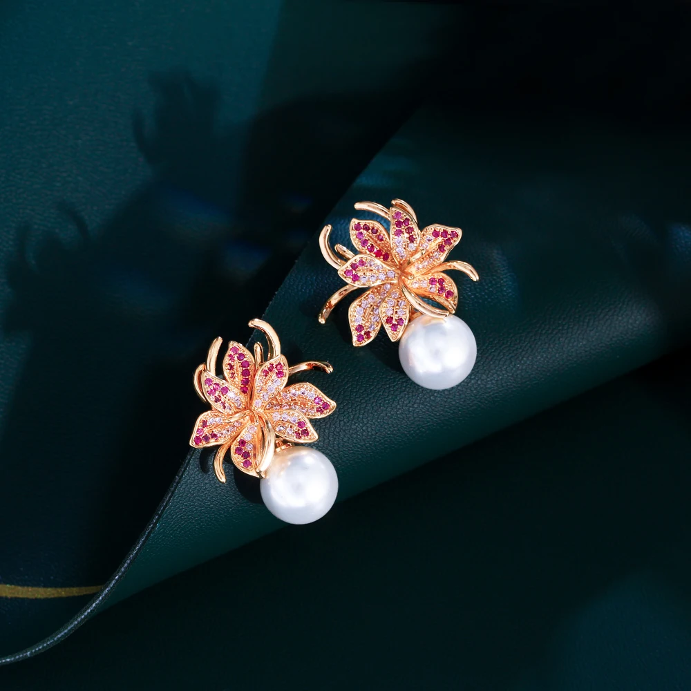 CWWZircons Elegant Pretty Pink Red Cubic Zirconia Blooming Flower Dangle Drop Pearl Earrings for Women Festive Jewelry CZ779