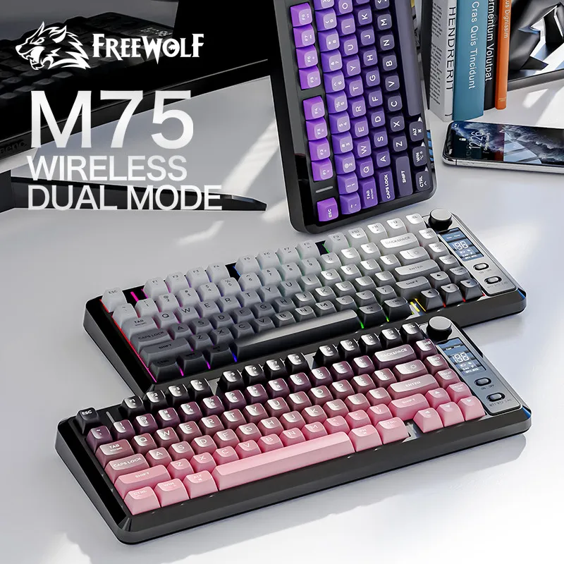 

БЕСПЛАТНАЯ компактная беспроводная игровая клавиатура WOLF M75 с 82-клавишными клавишами — двойной режим (Bluetooth/2,4G), OLED-дисплей с RGB-подсветкой, большой аккумулятор