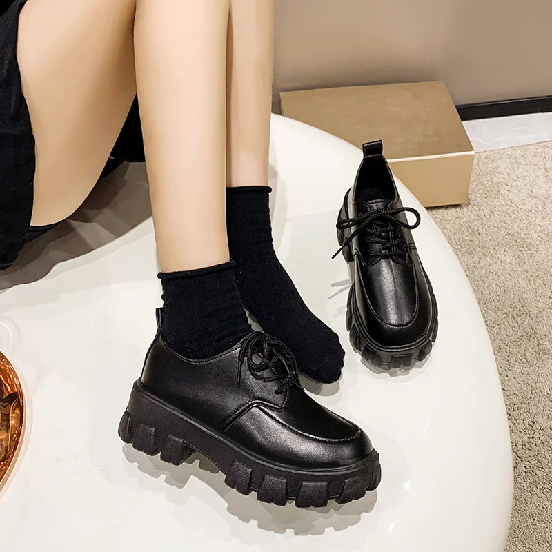 2025 Female Shoes Women Fashion Mary Janes Round Toe Flats Loafers Oxfords Platform Casual Metal Chain Buckle Ladies Heels Black image 5