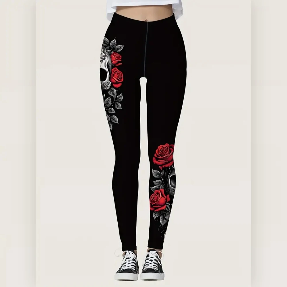 Halloween & Rose Skull Print Elastic elastic waist women\'s casual leggings spring Summer Fall