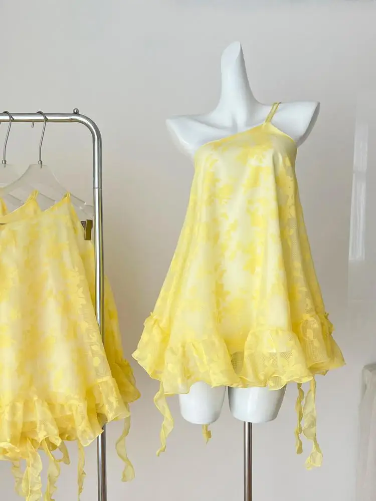Robe courte de soirée, Sexy, épaules dénudées, bord à volants, Vintage, imprimé jaune, élégante, sans manches, dos nu, Mini, été
