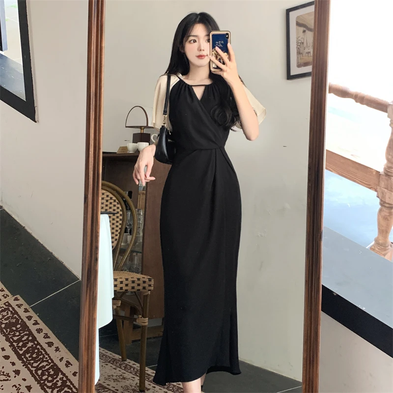 Oversized Dress 2023 New Summer French Style Vintage V-Neck Hollow Out Design Waist Reduction Slim Sexy Splice Fishtail Skirt