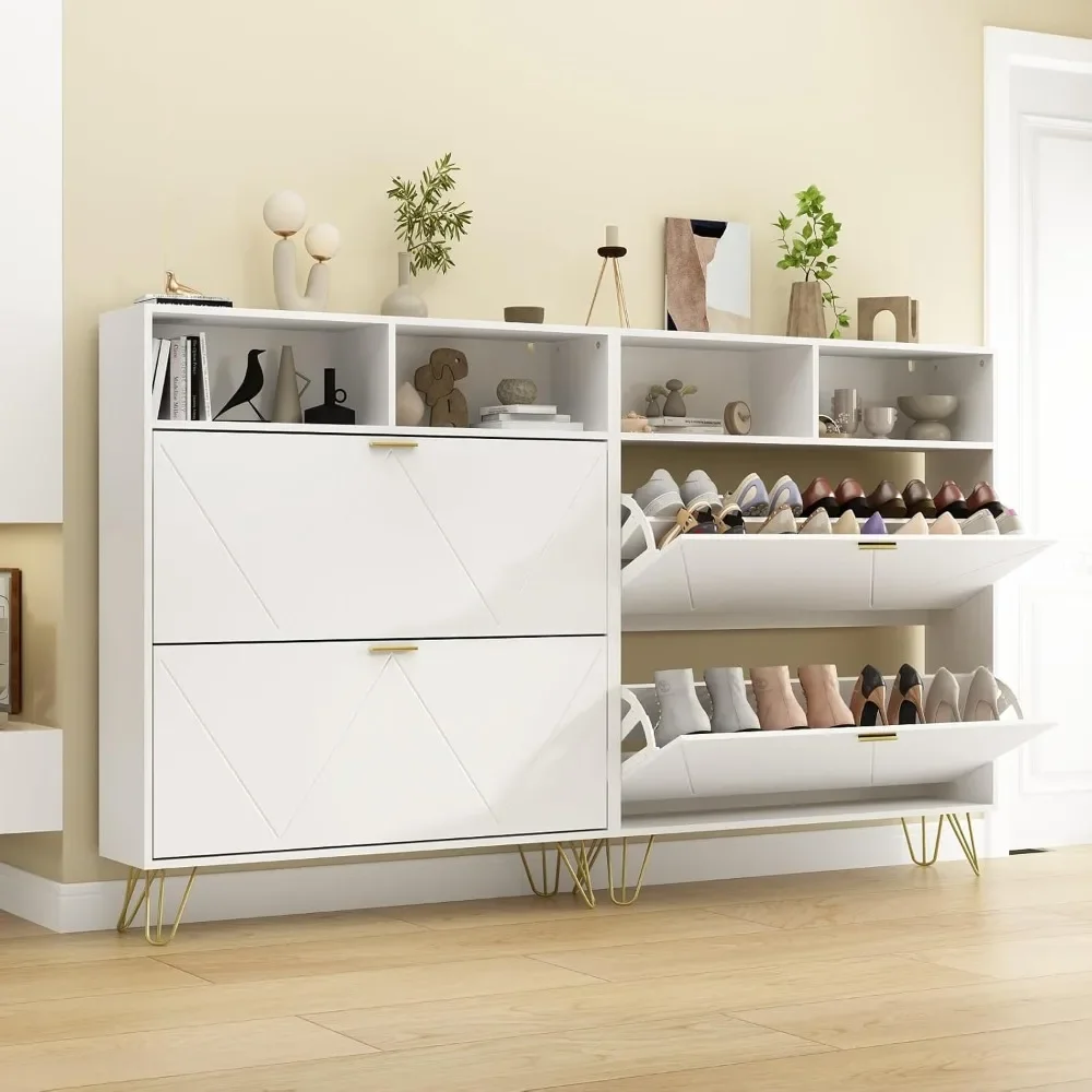 

Large Shoe Storage Cabinet Set of 2 with Open Shelf Shoes Cabinet for Entryway Slim Freestanding Tipping Bucket Shoe Cabinet