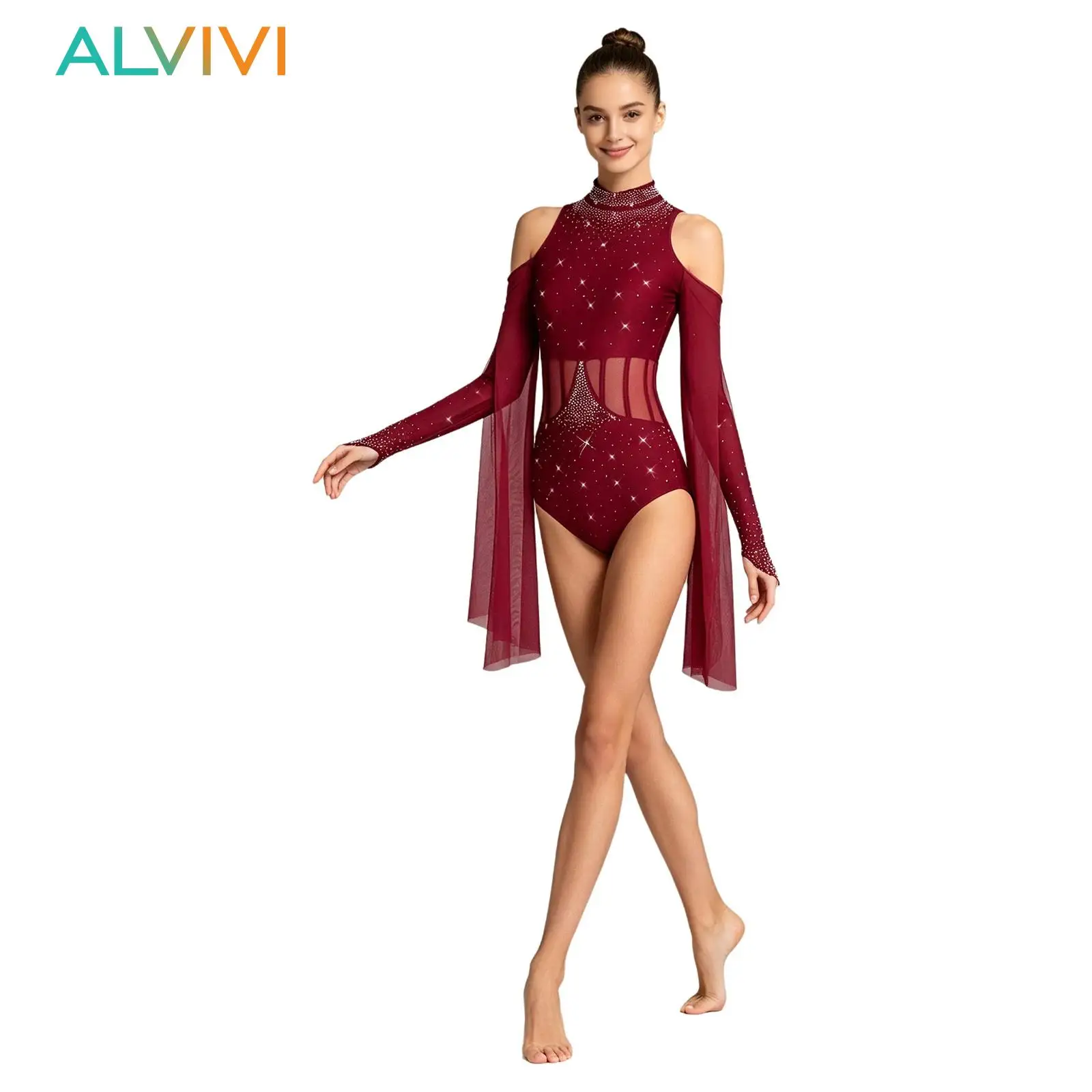 Womens Gymnastics Ballet Lyrical Dance Leotard Glitter Rhinestone Cold Shoulder Long Sleeves Sheer Mesh Waist Bodysuit Dancewear