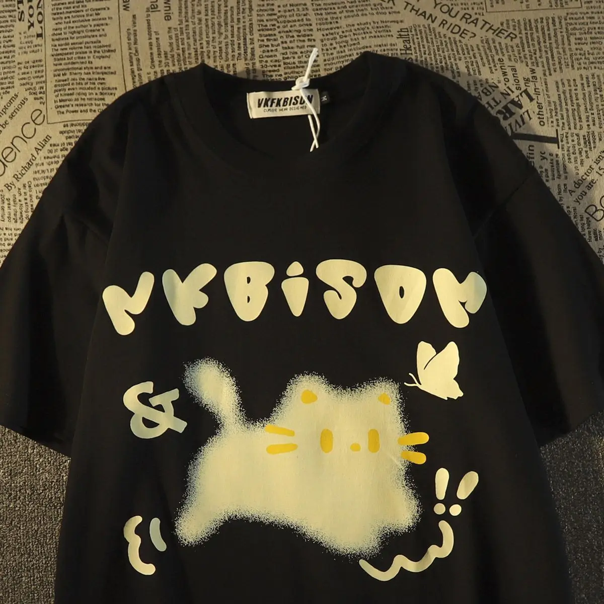 

American retro preppy style kitten pattern t-shirt men and women couple outfit summer loose Harajuku style half-sleeved top y2k