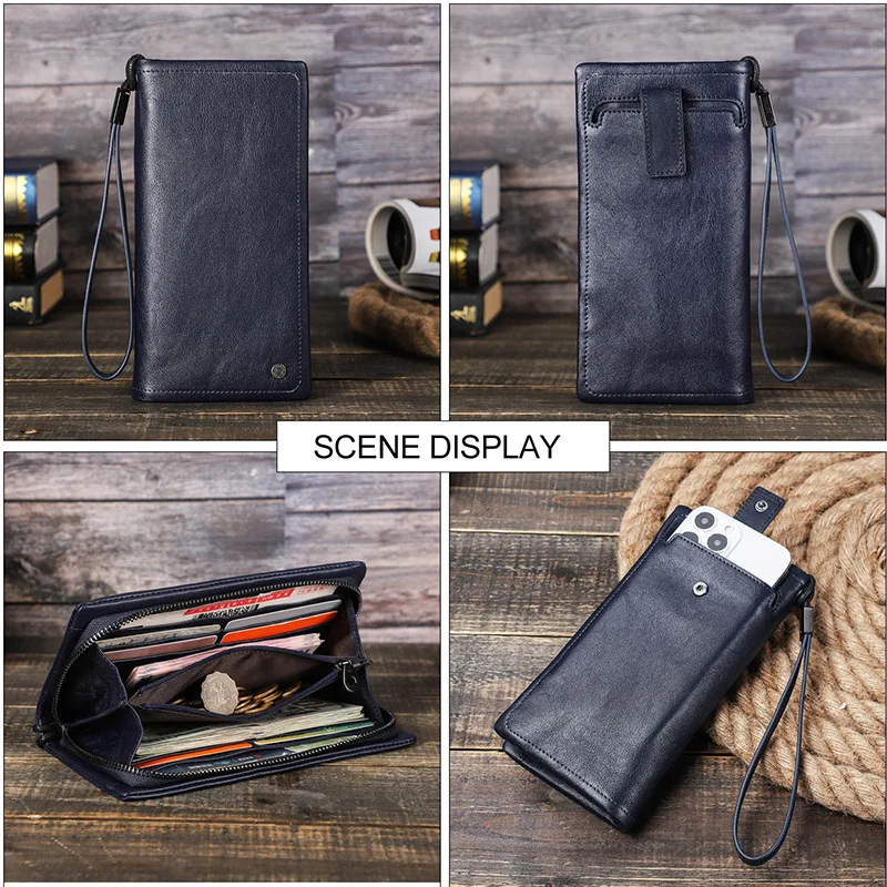 Men's Genuine Cowhide Leather RFID Clutch Bag - Anti-Theft Wrist Clutch with Extended Foldable Design & Card Organizer