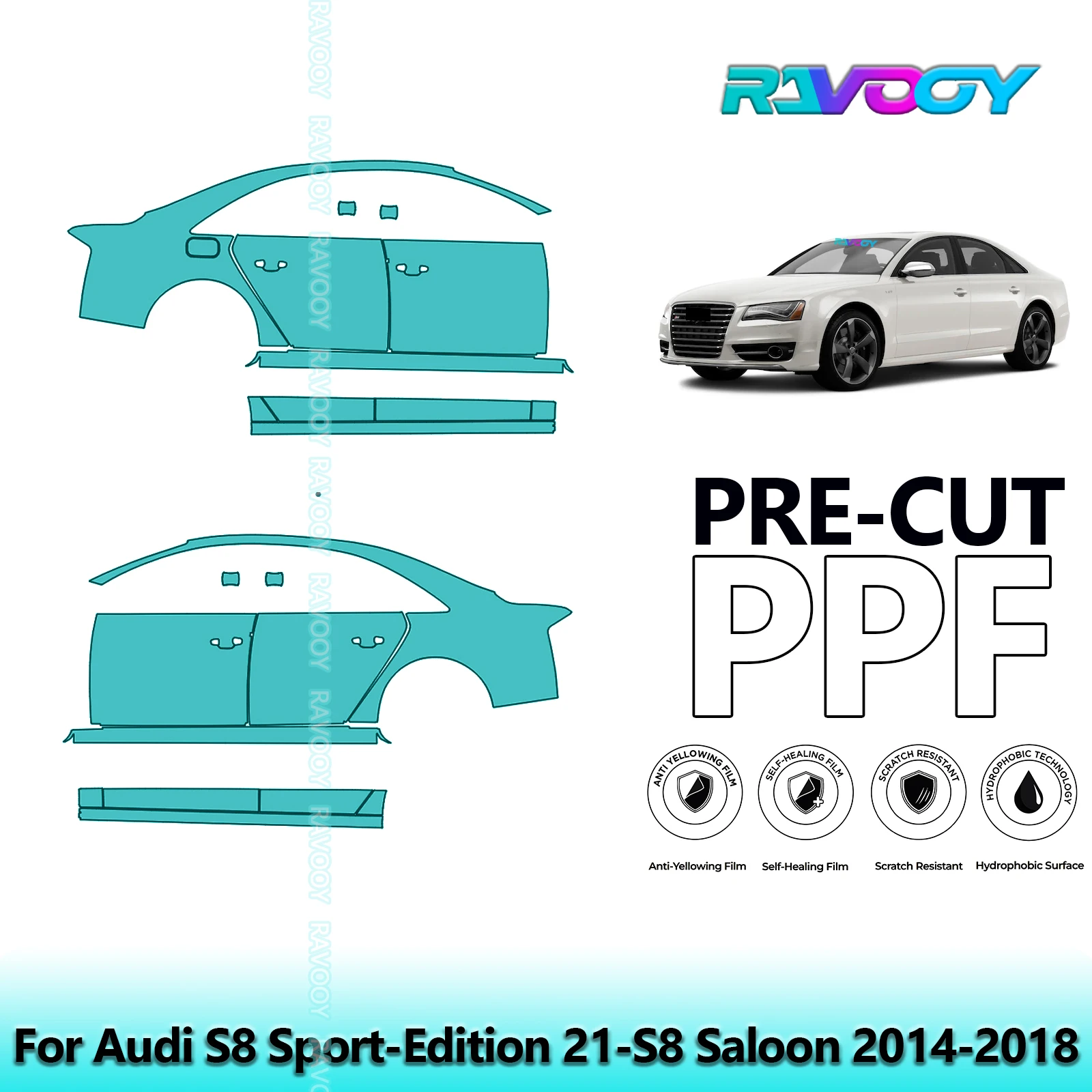 

For Audi S8 Sport-Edition 21-S8 Saloon 2014-2018 8.5mil Pre-Cut PPF Door & A/B Pillar Kit TPU Paint Protection Film Set