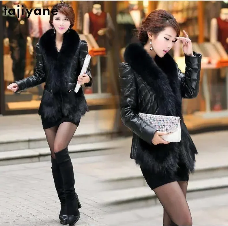 Tajiyane 100% سترة جلد الغنم الحقيقي المرأة شتاء جديد قصير أسفل معاطف الثعلب الفراء طوق معطف جلد غير رسمي أسفل السترات