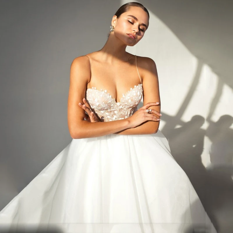 

Simple V-Neck Detachable Sleeves Appliques Lace Spaghetti Straps A-Line Tulle Wedding Dress Bridal Gown Vestido De Noiva