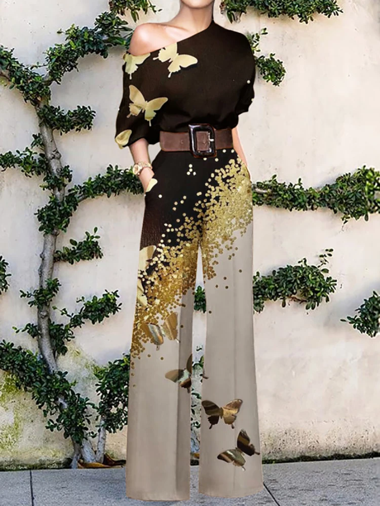 2022 sommer Elegante Muster Drucken Party Overall Dame Sexy Off Schulter Strampler Frauen Neue Mode Breite Bein Hose Overall Overalls