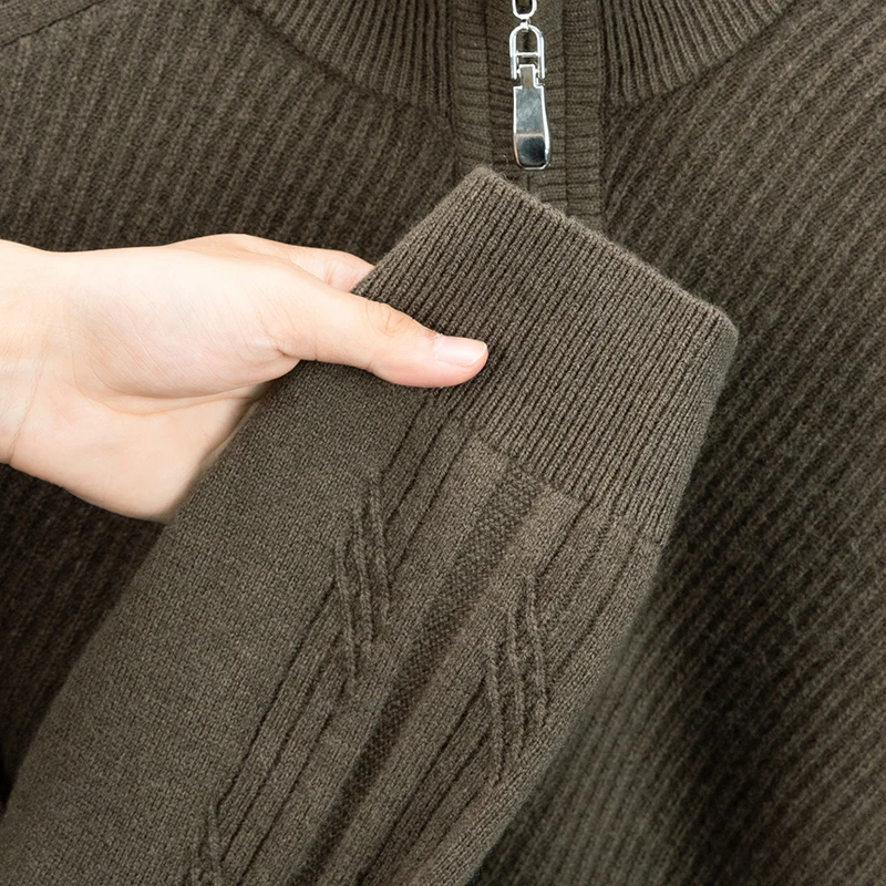 100% Wool Men's Luxury Sweater Thickened High Neck Half Zip Knitted Pullover Long Sleeve Autumn Winter Fashion Warm Casual Wear