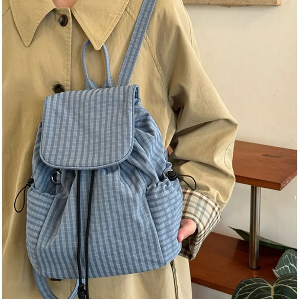 

Trendy Solid Color Drawstring Backpacks Canvas Korean Ruched Shoulder Bags Casual Light Weight Plaid Nylon Backpacks Teenagers