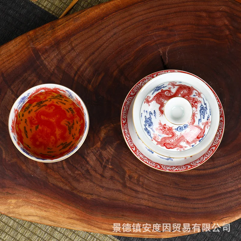 Jingdezhen High White Clay Phnom Penh Alum Red Kowloon Tureen Handmade Wood Kiln Gaiwan Horseshoe Tea Tray Making