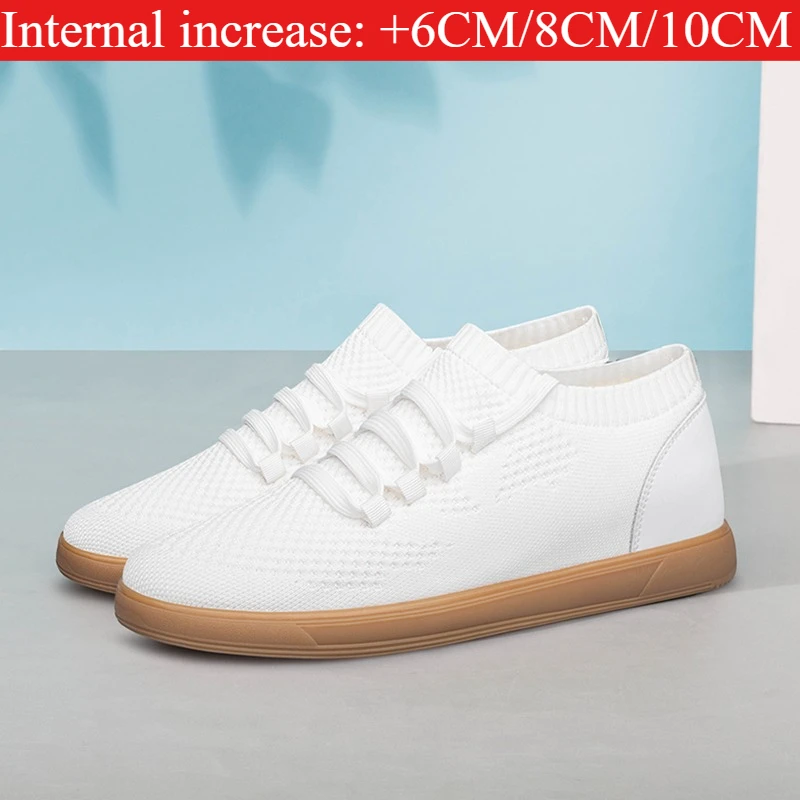 

Men's White Knit Elevator Shoes 6/8/10CM Hidden Height Increasing Breathable Slip-on Casual Platform Sneakers