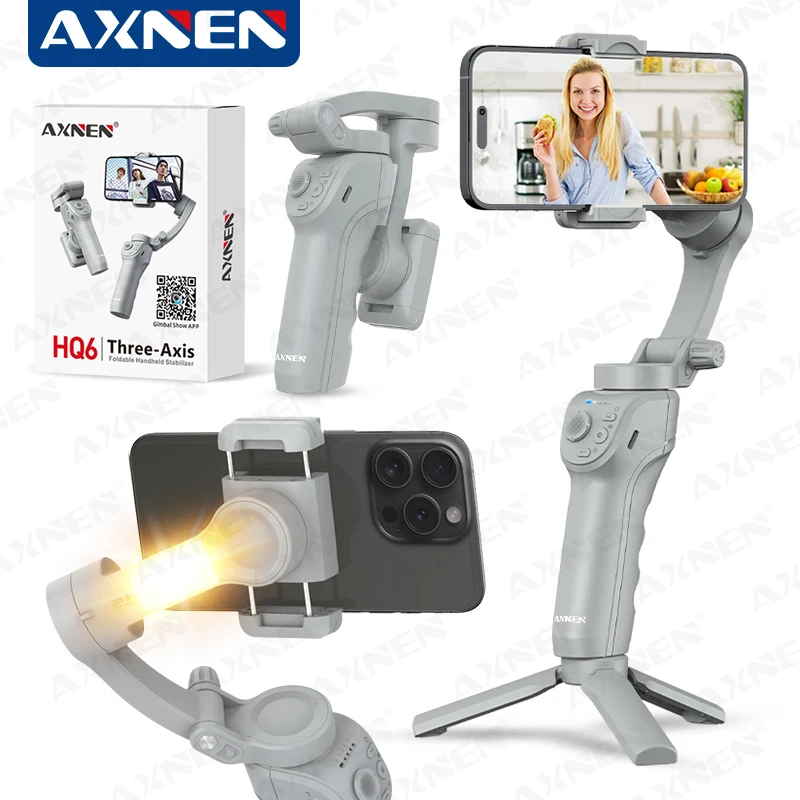 AXNEN HQ6 Gimbal for Smartphone, 3-Axis Handheld Gimbal, with Smart Tracking, Fill Light, Zoom, Stabilizer for iPhone Android