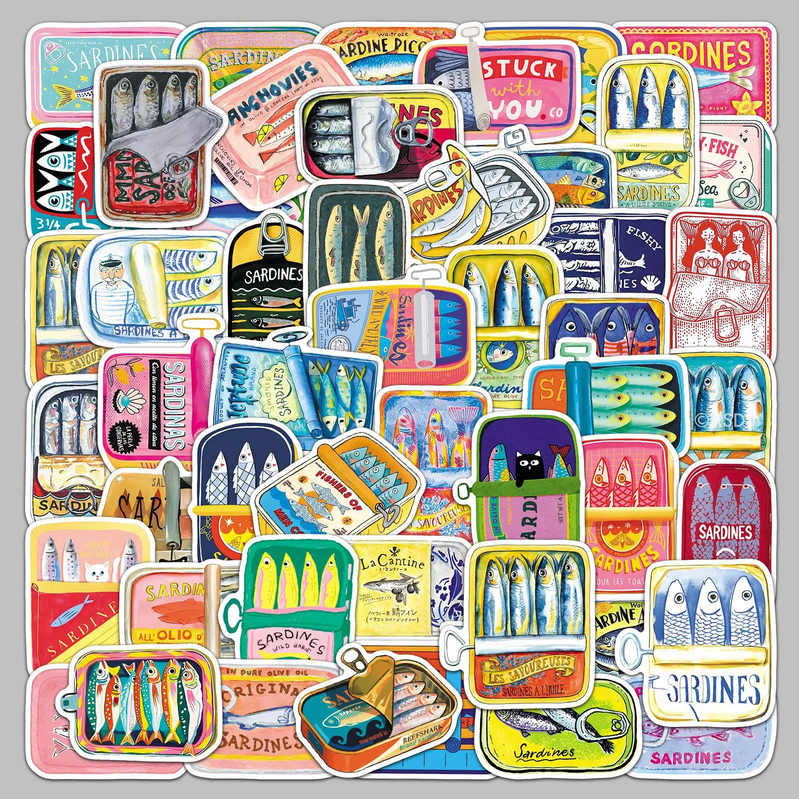 

50PCS Cartoon Hand-Painted Saury Can Graffiti Stickers Colorful Childlike Style Waterproof Refrigerator Desktop Decoration Gifts