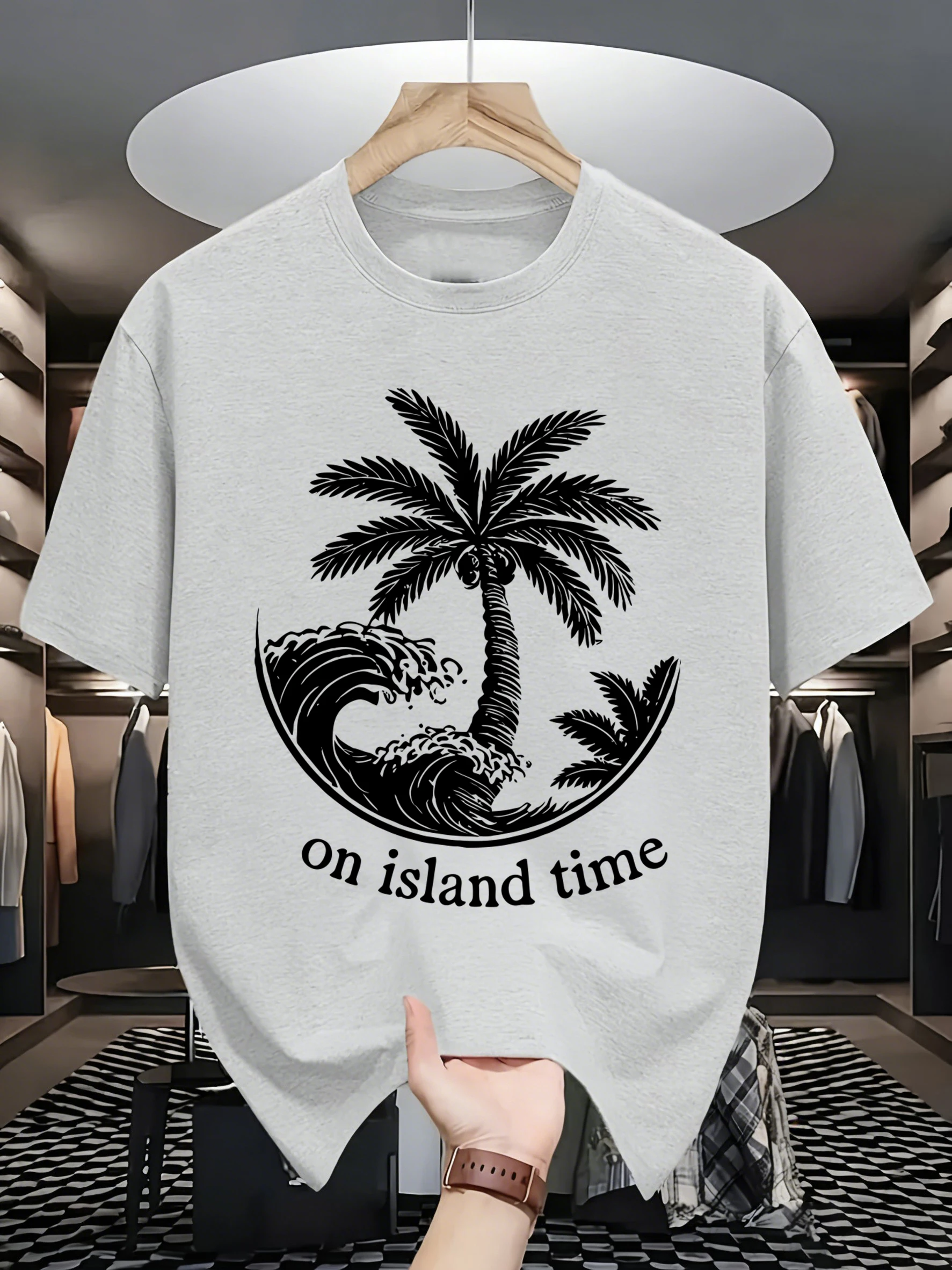 Spending Time On The Island Print Men T-Shirts Cotton Crewneck Short Sleeve Trendy Loose Streetwear All-Match Summer Clothes