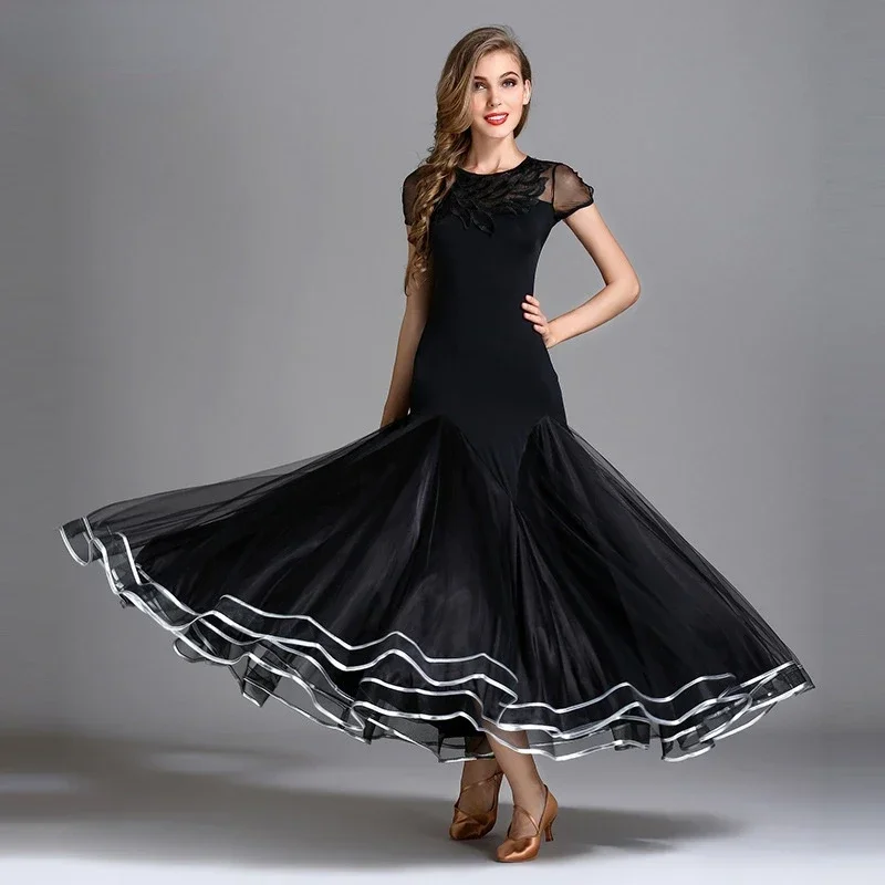 Robes de Flamenco noires pour femmes, Costumes de spectacle de danse Standard, valse, Tango, Foxtrot, vêtements de danse modernes nationaux
