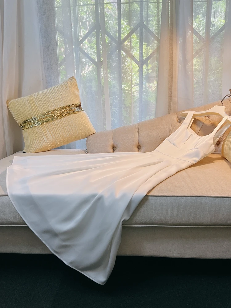 

Retro Square Ne Strap Satin Dr Ele Slimming White Gown High Waist A-Line Skirt No Sve Wedding Guest Women's Dr