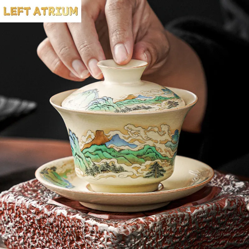 

100ml Retro Blue and White Porcelain Gaiwan Chinese Ceramic Tea Bowl Home Tea Infuser Handmade Underglaze Color Tea Set Teacup