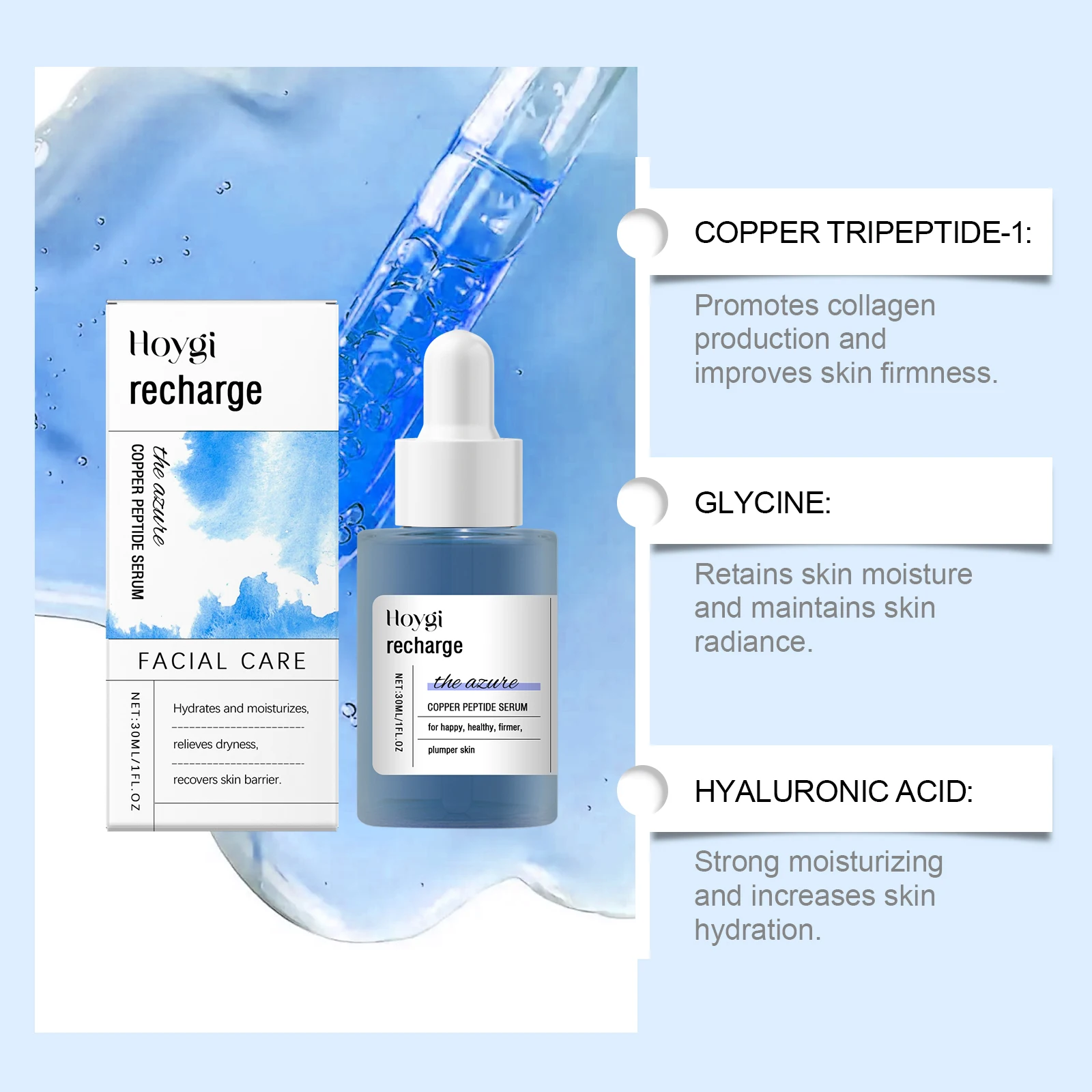 Soro facial com peptídeo de cobre azul, tratamento antienvelhecimento, ajuda a pele firme, hidratação profunda, cuidados suaves, melhora a textura da pele, iluminar