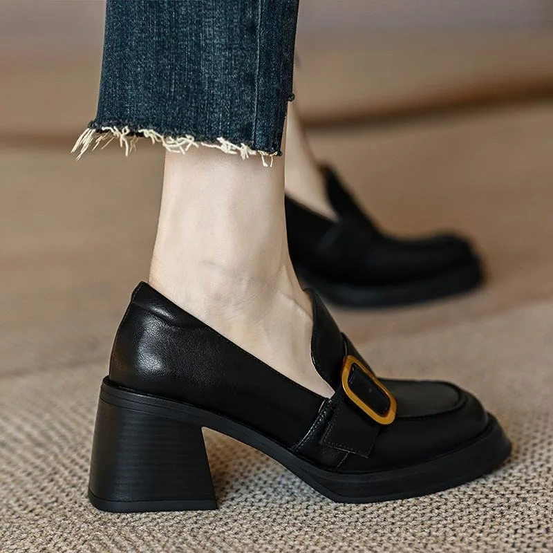 Maogu 2023 New Thick-soled College Style Casual Loafers Black Leather Fashion Pumps Girls Heels Shoes Female Women British Style