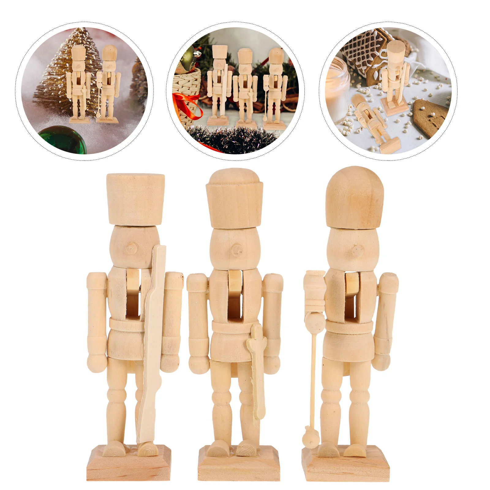 3 Pcs Puppet White Embryo Walnut Soldier DIY Nutcracker Ornaments Toy Statue Puppets Wooden Bamboo