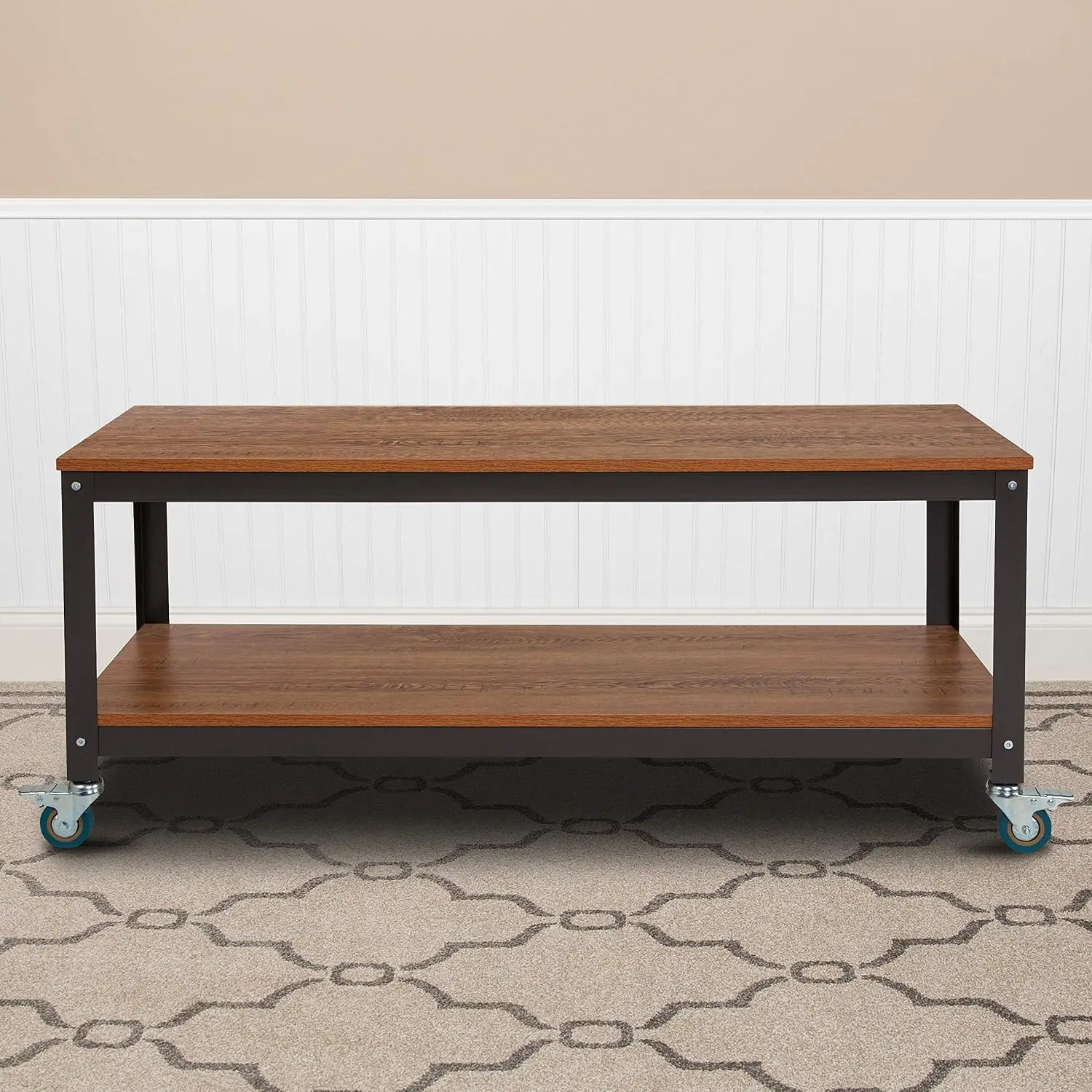 TV Stand Brown Oak Wood Grain Metal Wheels Living Room Storage, Customized