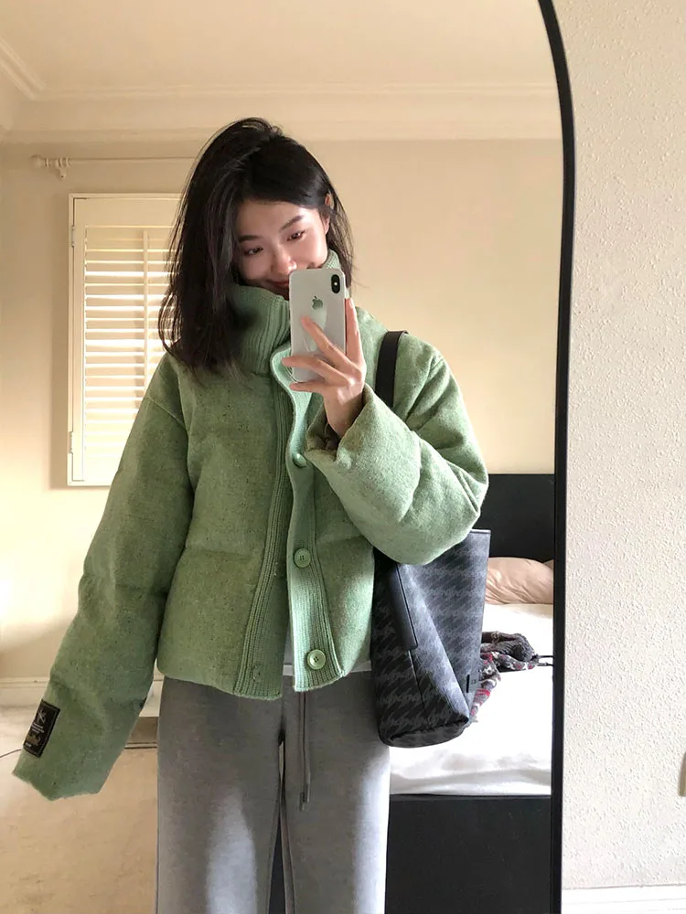 Kurtka puchowa damska w stylu koreańskim, płaszcz typu chleb, zimowa kolekcja 2025, nowość, mały rozmiar, prosty krój, do pracy, elegancka.