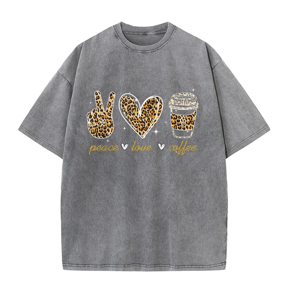 Leopard Peace Love Coffee Lovers Hippie Gifts T-Shirt Oversized T Shirt Loose Fit Tee Birthday Gift Cotton Casual Men Short