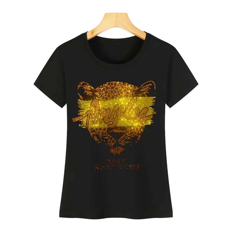 Fashionable women's T-shirt short-sleeved hot drill leopard head pattern women's casual T-shirt