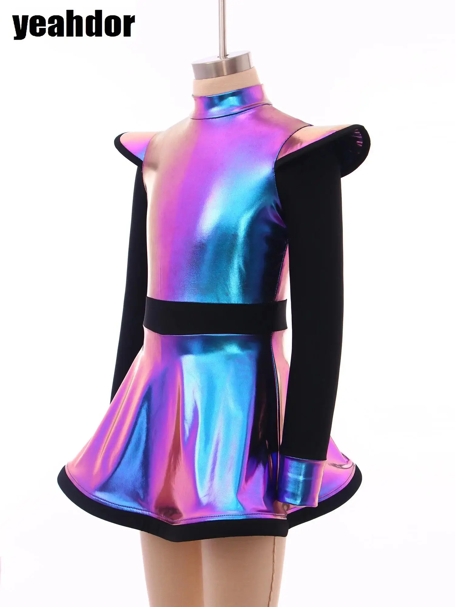

Girls Alien Outerspace Costume Mock Neck Long Sleeve Metallic Shiny A Line Tutu Dress for Halloween Future World Party Dress Up