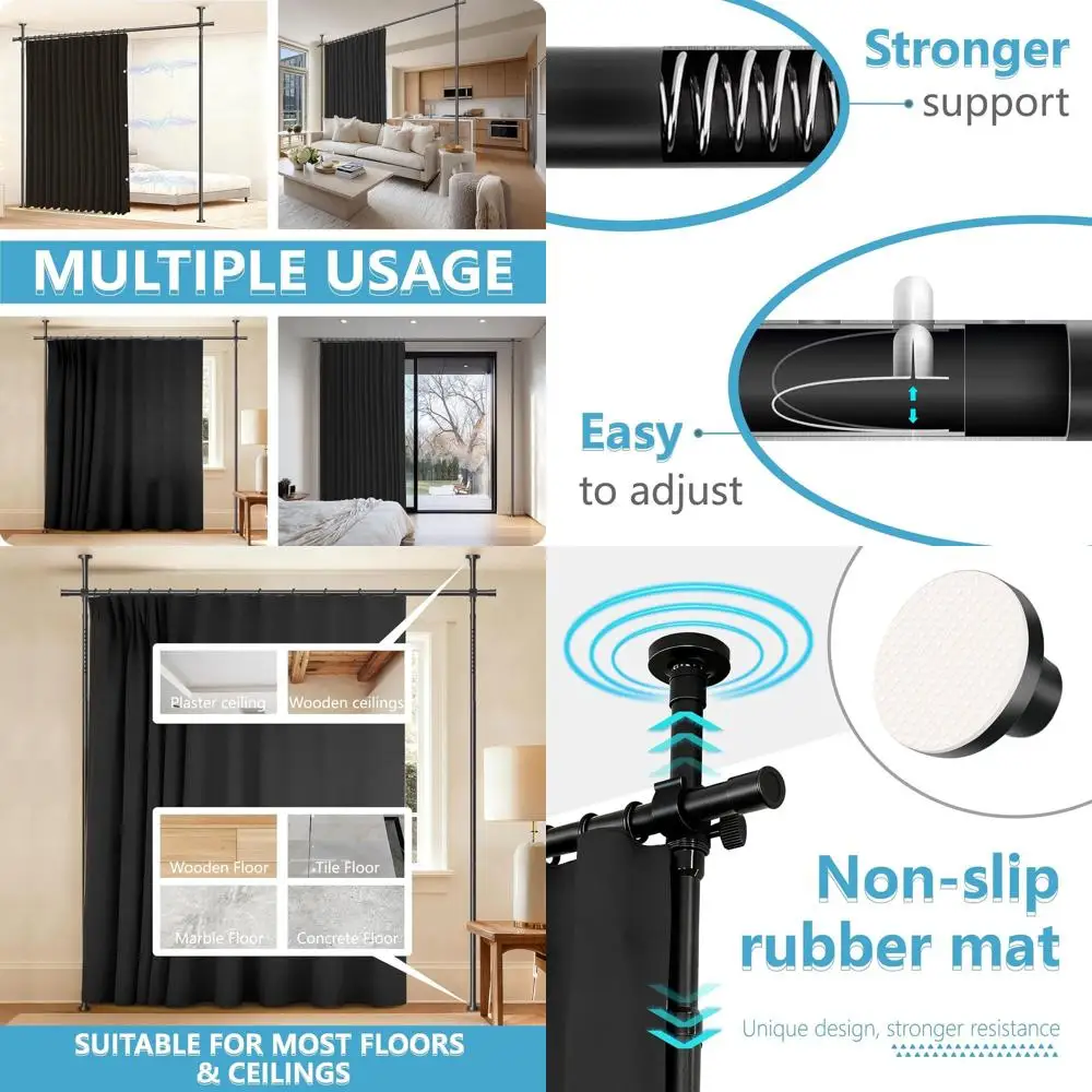 

Adjustable Room Divider Curtain Set: 106 Wide x 96 Tall Black, with 35-100 W x 43-120 H Pole Brackets