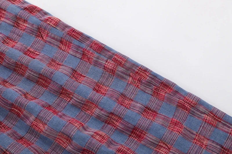 Kreppige, strukturierte, karierte Wide-Leg-Hose in Blau-Rot mit elastischem Bund, Lounge-Hose, Oversize-Vintage-Preppy-Freizeithose – Detail 11