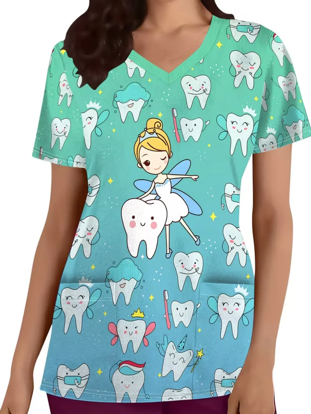 Clinical Uniform Woman Tooth Pattern Print Dental Nurse Tops Casual V-Neck Short Sleeve with Pockets Nursing Uniform for Women