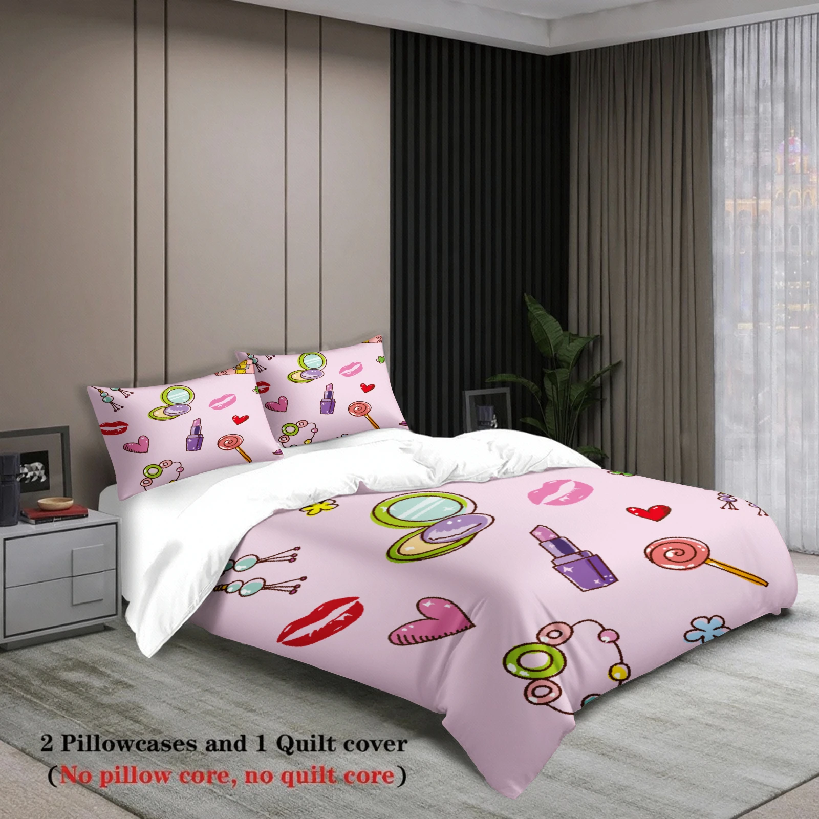 3pcs Makeup Cosmetic Bedding Sets 3D Printed Lipstick Mirror Heart Duvet Cover Sets With Pillowcases No Filling