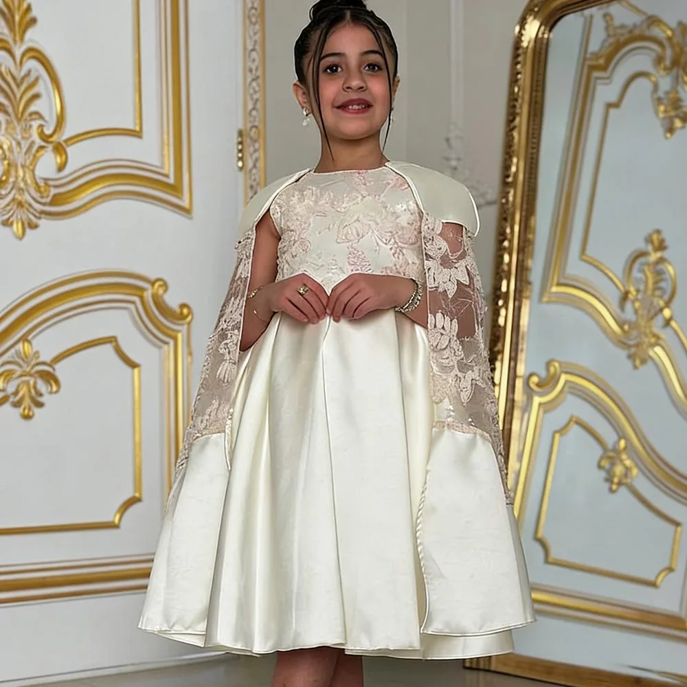 

Elegant Princess Dress Satin Flower Girl Dresses With Cloak Cute Dress For Girls Lace Ivory Birthday Dress Short Kids' Dresses